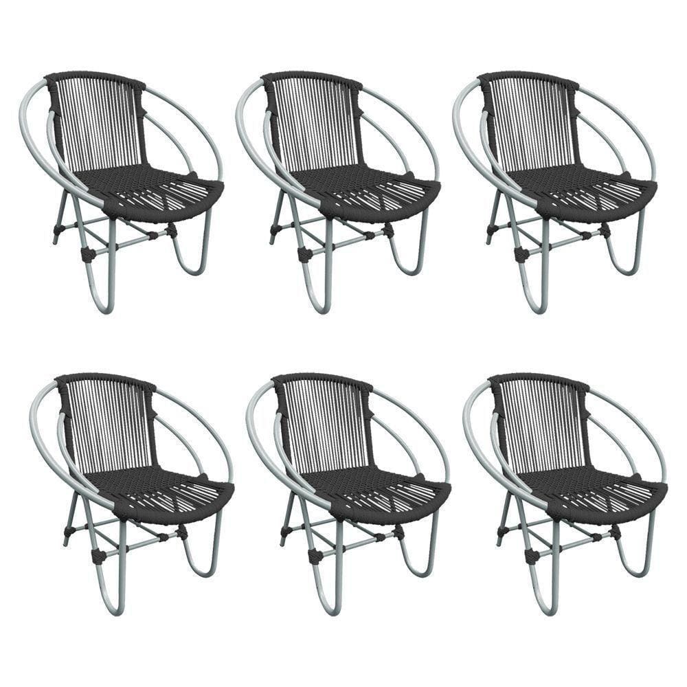 Kit 6 Cadeiras Decorativa Julia Em Corda Náutica E Base Em Alumínio Cinza-preto - Cor: Cinza
