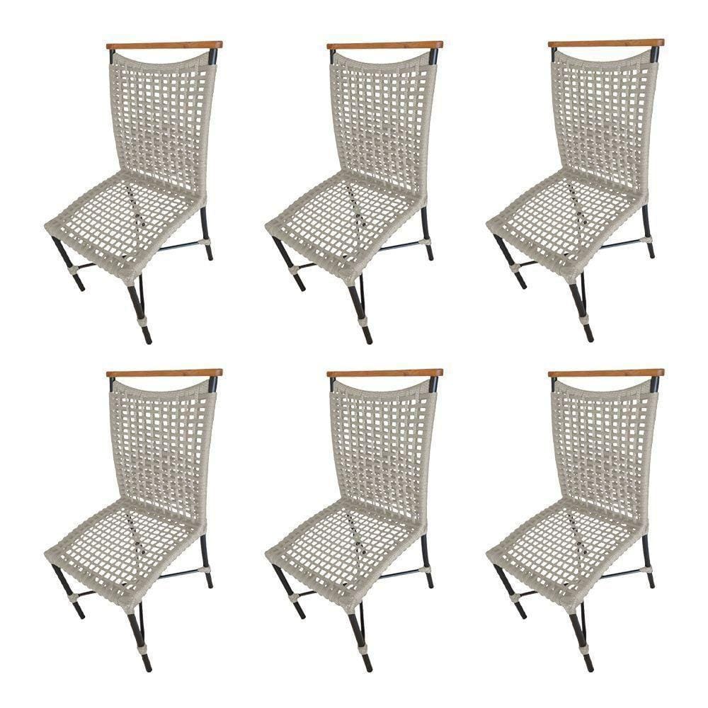 Kit 6 Cadeiras Anne Corda Náutica Detalhe Em Madeira Base Alumínio Preto-areia - Cor: Bege