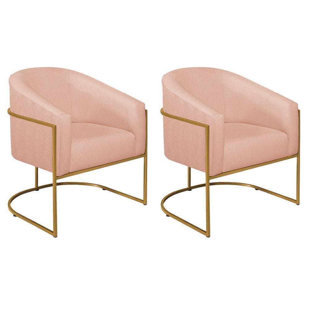 Kit 02 Poltronas Decorativas Luiza Base De Ferro Dourado Suede - Doce Sonho Móveis Rosê