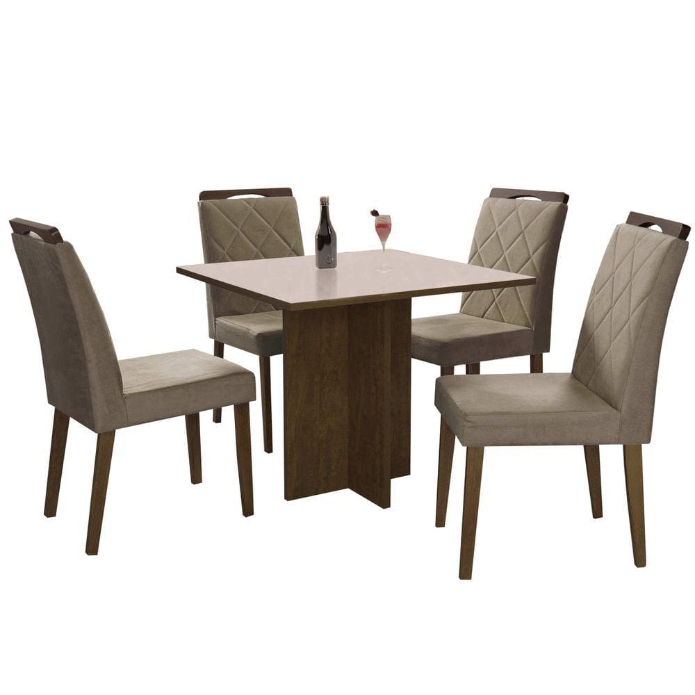 Mesa de Jantar Los Angeles 120x80cm com 4 Cadeiras Minas Plac Cor Canela Off White com Tecido Bege