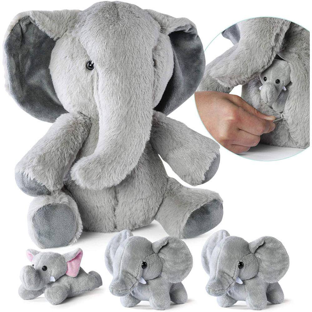 Carry Along Plush Elephant + 3 Little Baby Elephants — Conjunto de brinquedos para animais de 4 peças