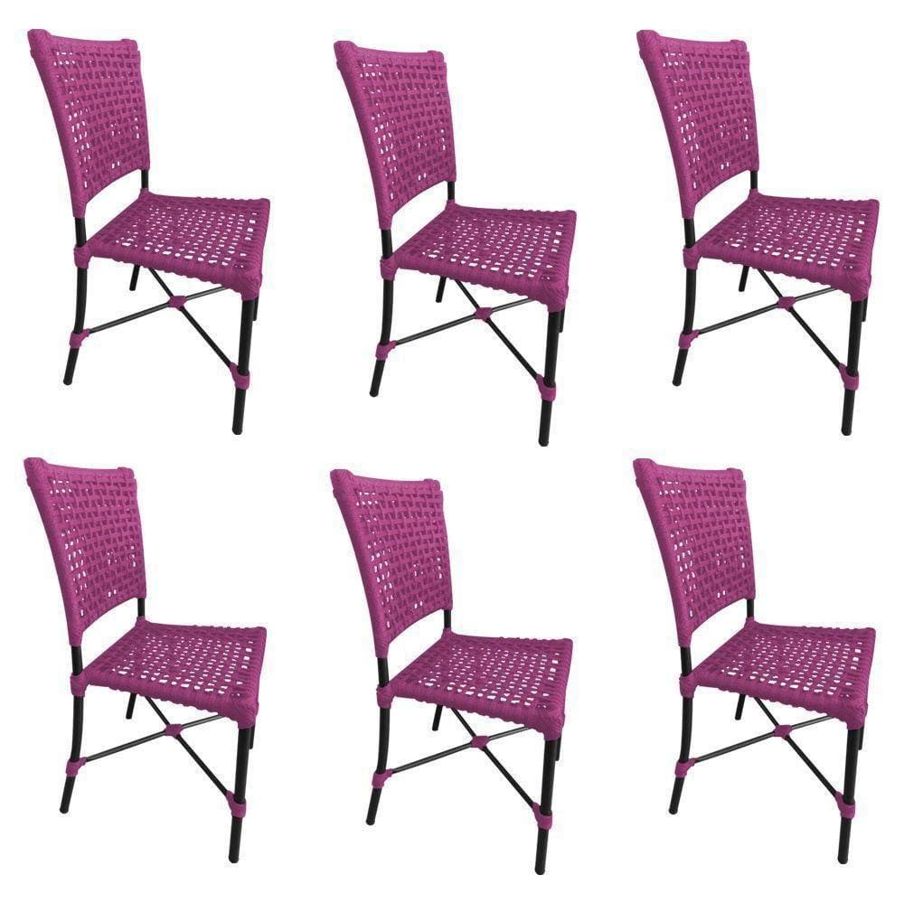 Kit 6 Cadeiras Roma Corda Náutica Base Em Alumínio Preto-rosa - Cor: Rosa
