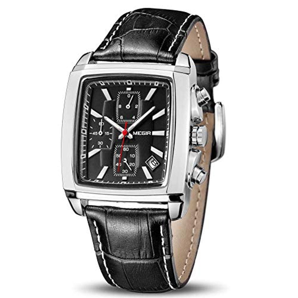 Relógio de quartzo cronógrafo masculino com pulseira de couro preta