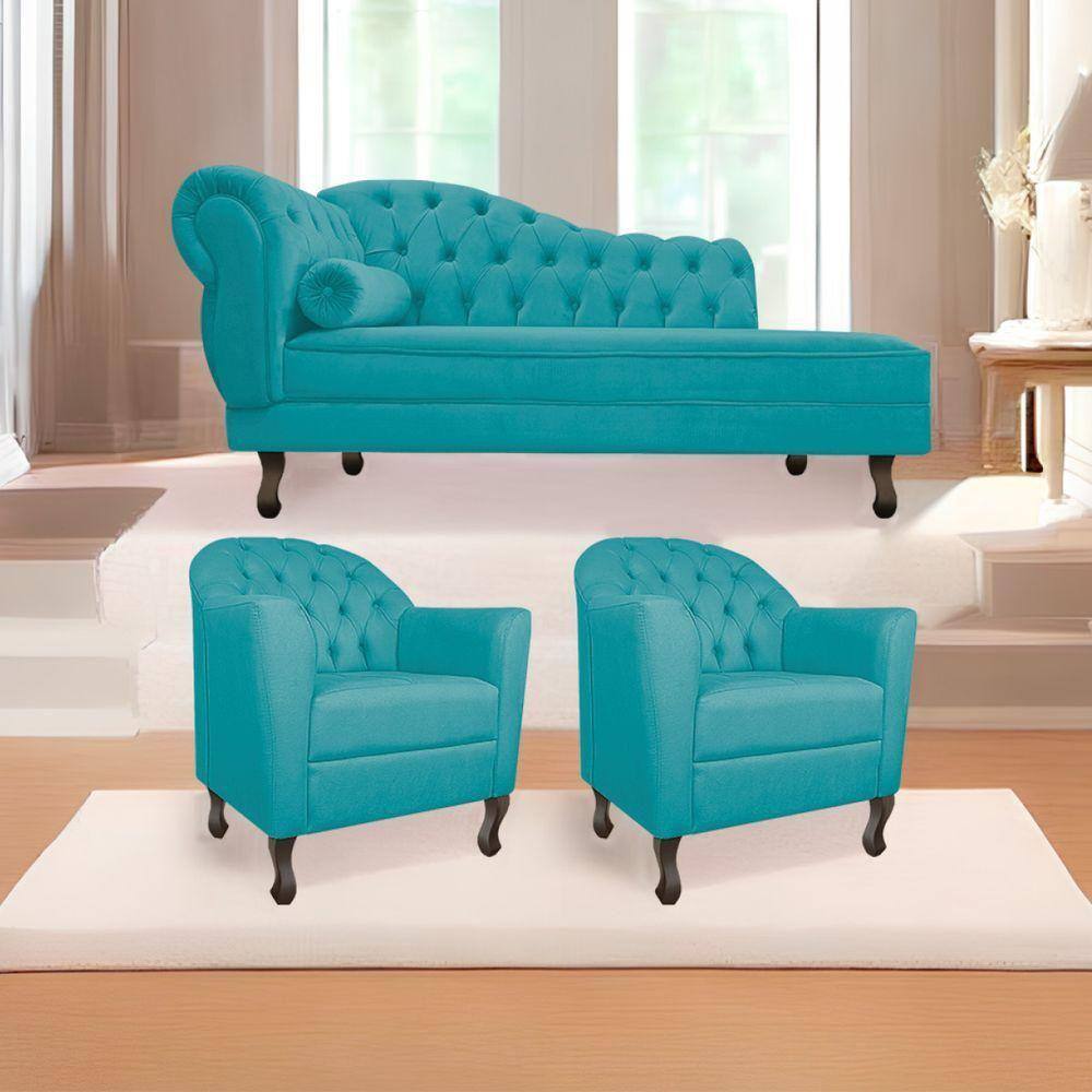 Kit Diva Recamier Diana 140cm Lado Direito e 02 Poltronas Julia Suede Azul Turquesa