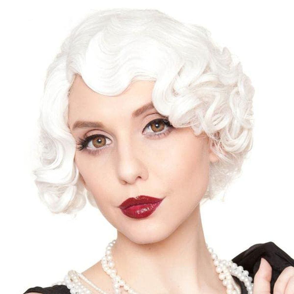 Peruca curta branca encaracolada, cabelo sintético Finger Wave para mulheres, festa de Halloween da década de 1920
