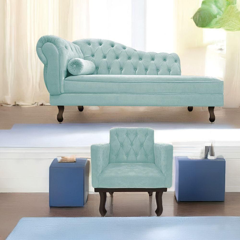 Kit Diva Recamier Diana 140cm Lado Direito e 01 Poltrona Classic Suede Azul Tiffany