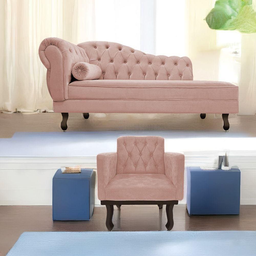 Kit Diva Recamier Diana 130cm Lado Direito e 01 Poltrona Classic Suede Rosê