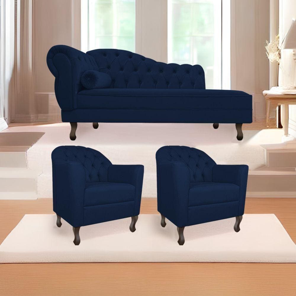 Kit Diva Recamier Diana 140cm Lado Direito e 02 Poltronas Julia Suede Azul Marinho