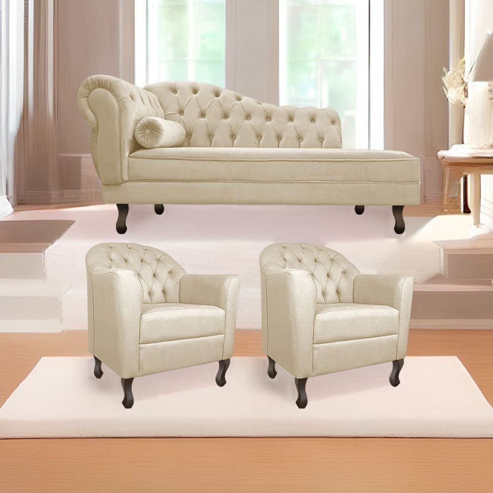 Kit Diva Recamier Diana 140cm Lado Direito e 02 Poltronas Julia Corano Bege