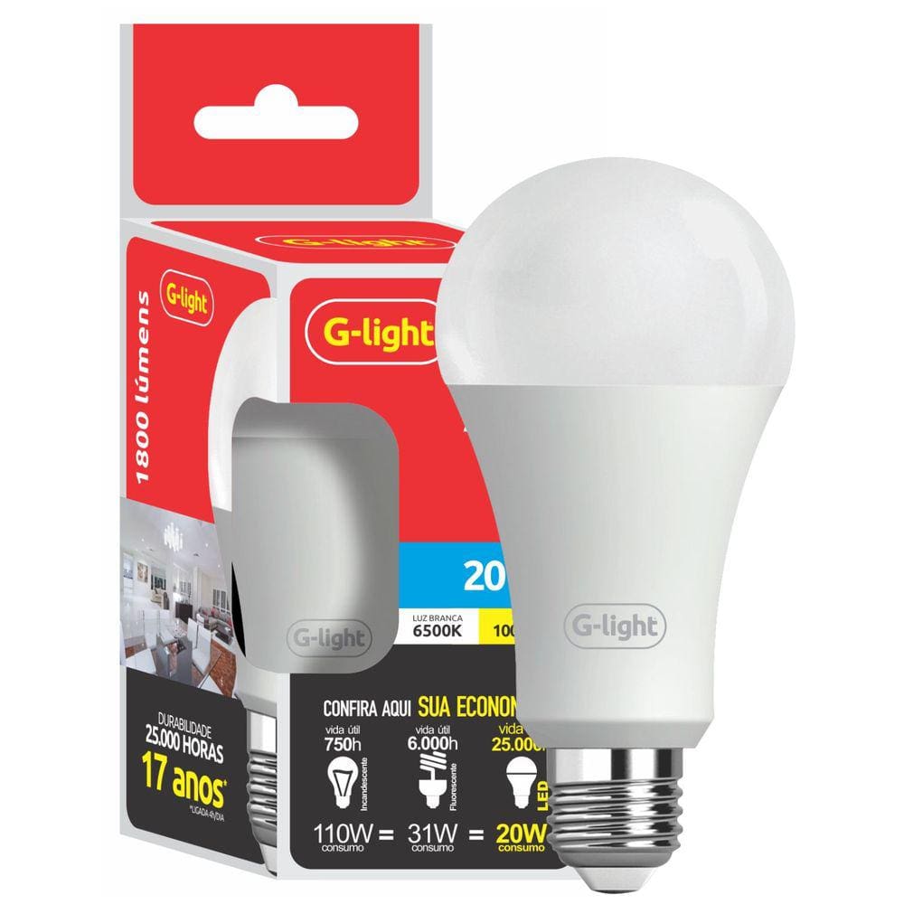 Lâmpada De Led Glight Luz Branca E27 20W 6500K Autovolt Alta Eficiência Econômica