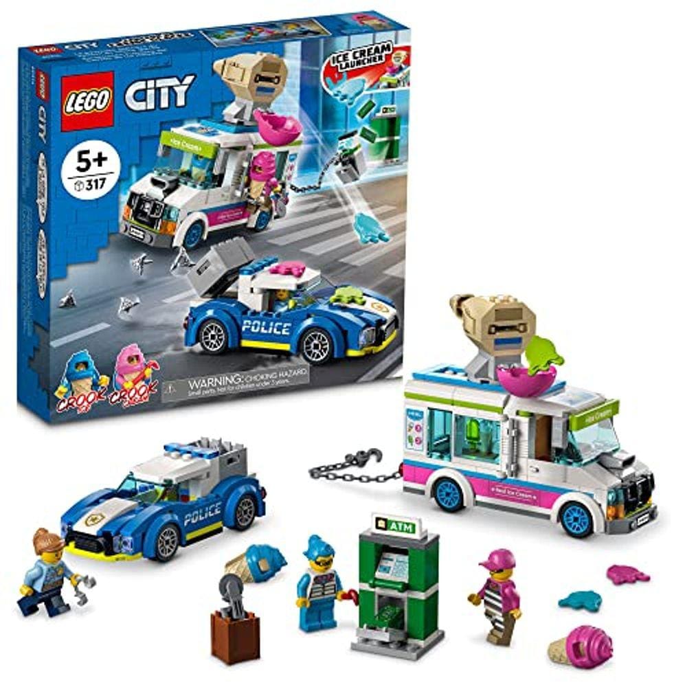 Kit de construção Ice Cream Truck Police Chase, crianças a partir de 5 anos, 2 personagens de TV da cidade, 317 peças
