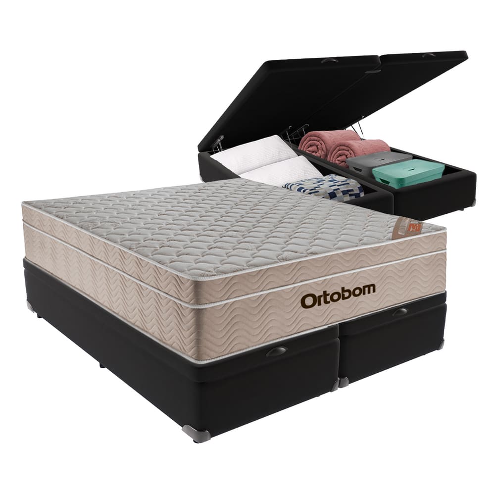 Cama + Box Airtech Colchão Ortobom Queen com Baú Bege SpringPocket