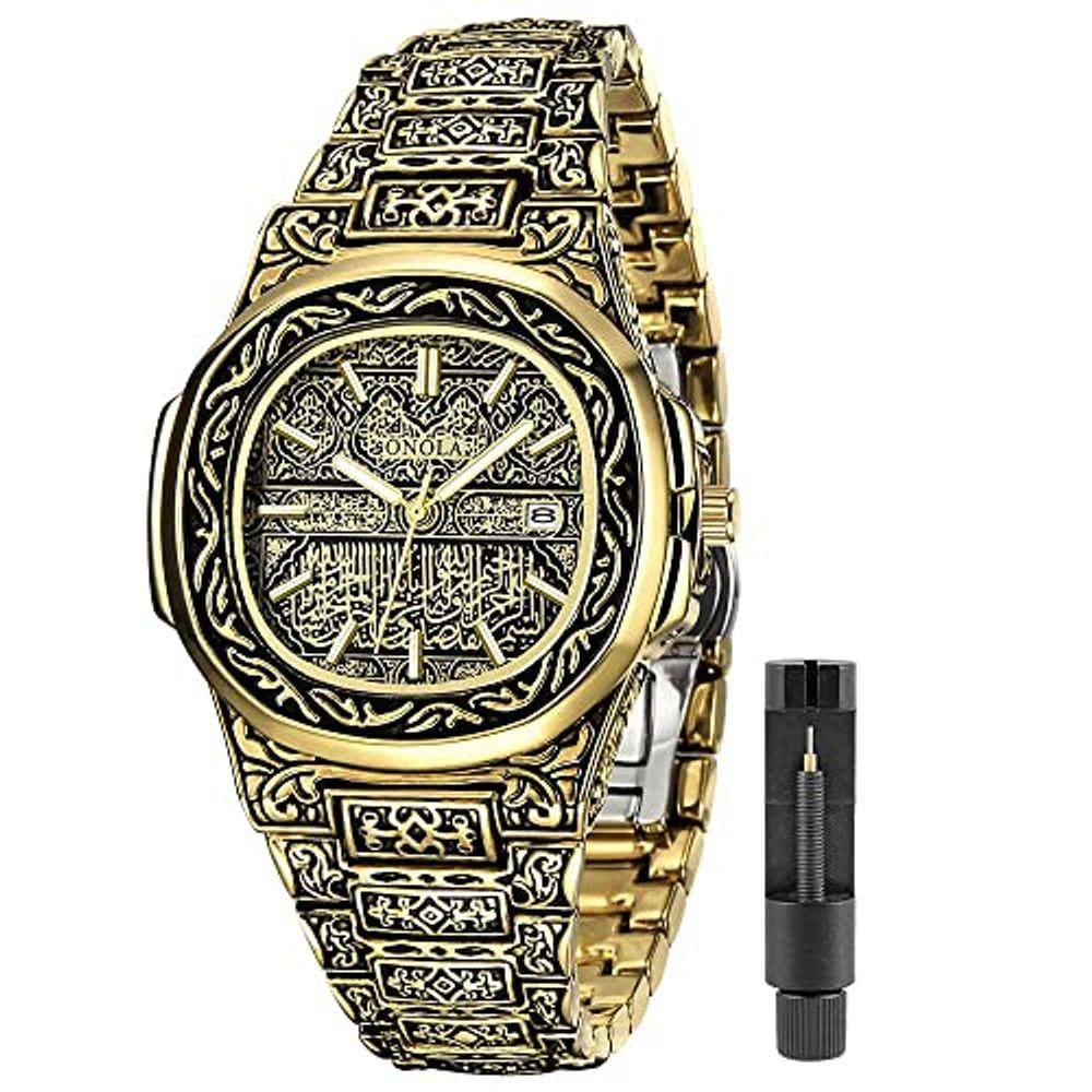 Relógio de quartzo com pulseira de tatuagem masculina (dourado)