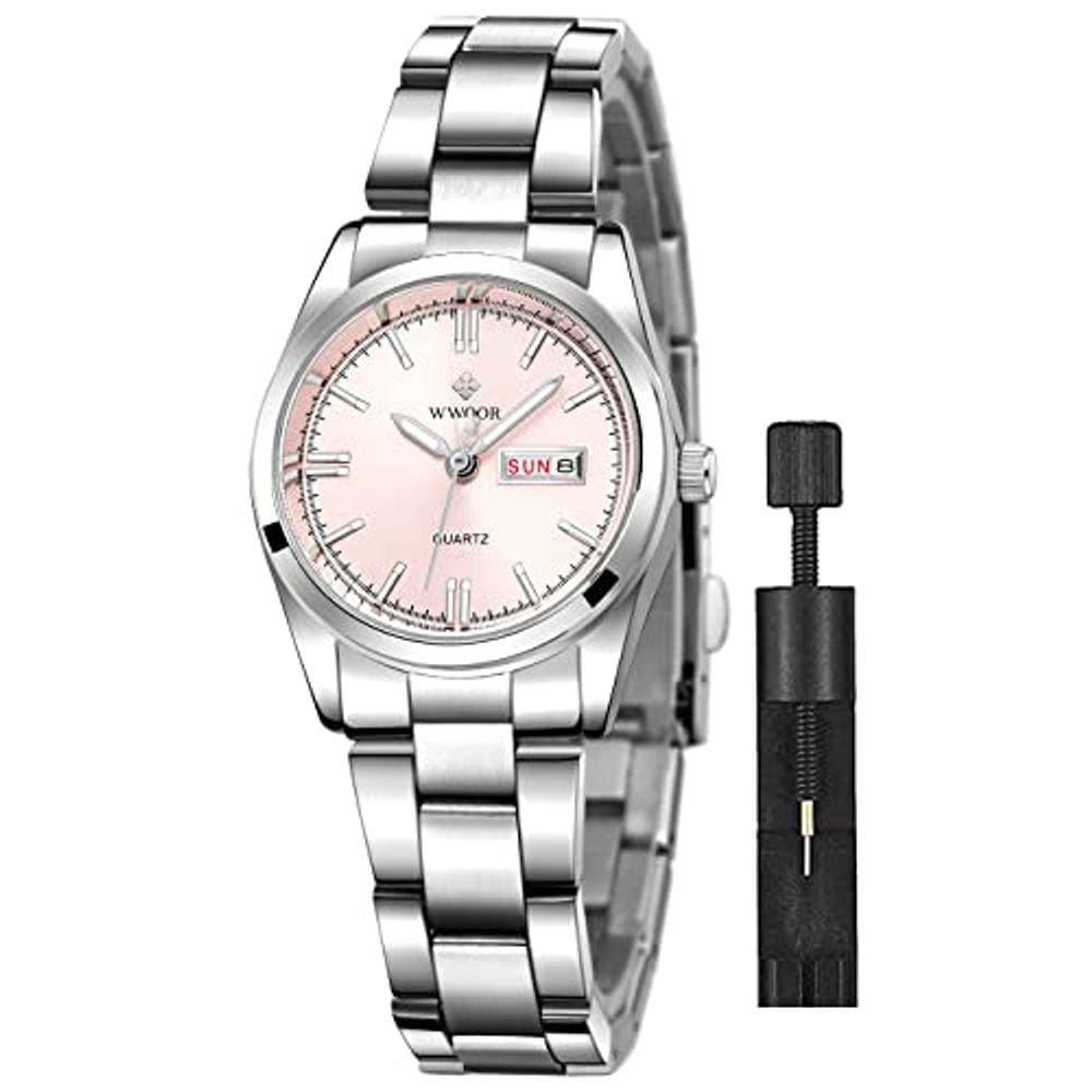 Relógio feminino de quartzo impermeável em aço inoxidável para senhora (rosa)