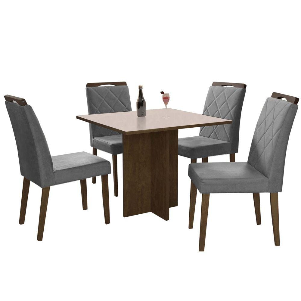 Mesa de Jantar Los Angeles 90x90cm com 4 Cadeiras Cor Canela Off White com Tecido Cinza