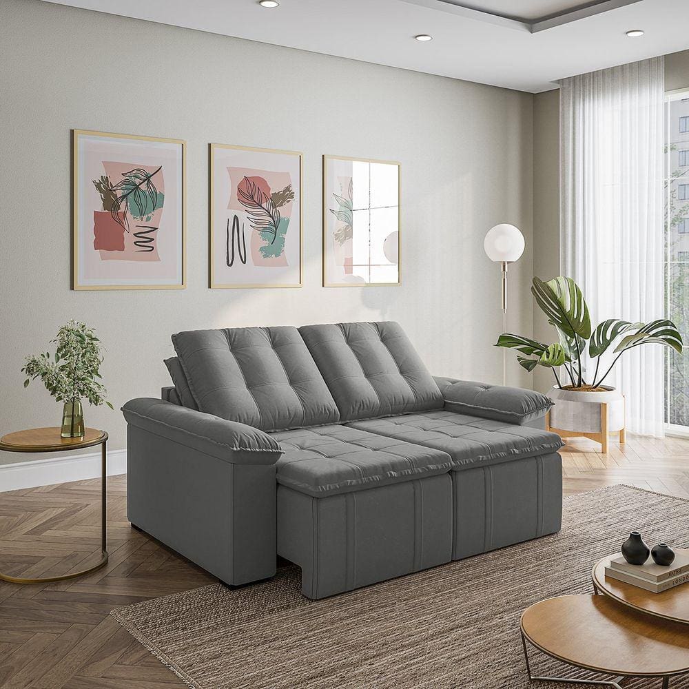 Sofá Palmeira Retrátil Reclinável sem Caixa 3 Lugares 180cm Veludo com Molas CabeCasa MadeiraMadeira Cinza