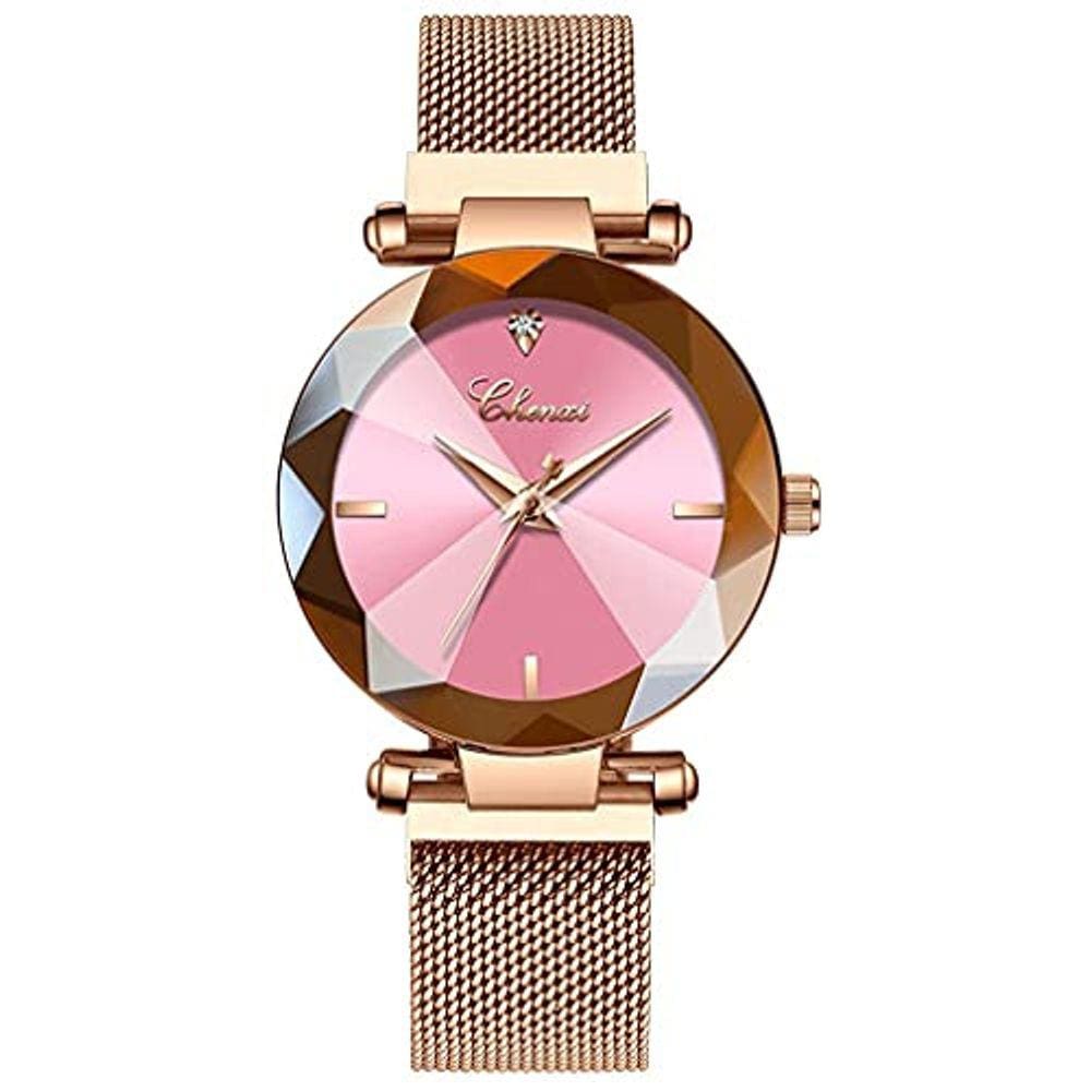 Relógio de pulso feminino de malha de aço inoxidável Diamond (rosa)