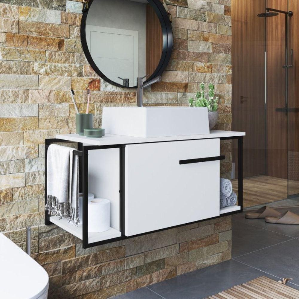 Gabinete Suspenso para Banheiro 80cm P1019 Branco com Cuba Ametista Preto/Branco