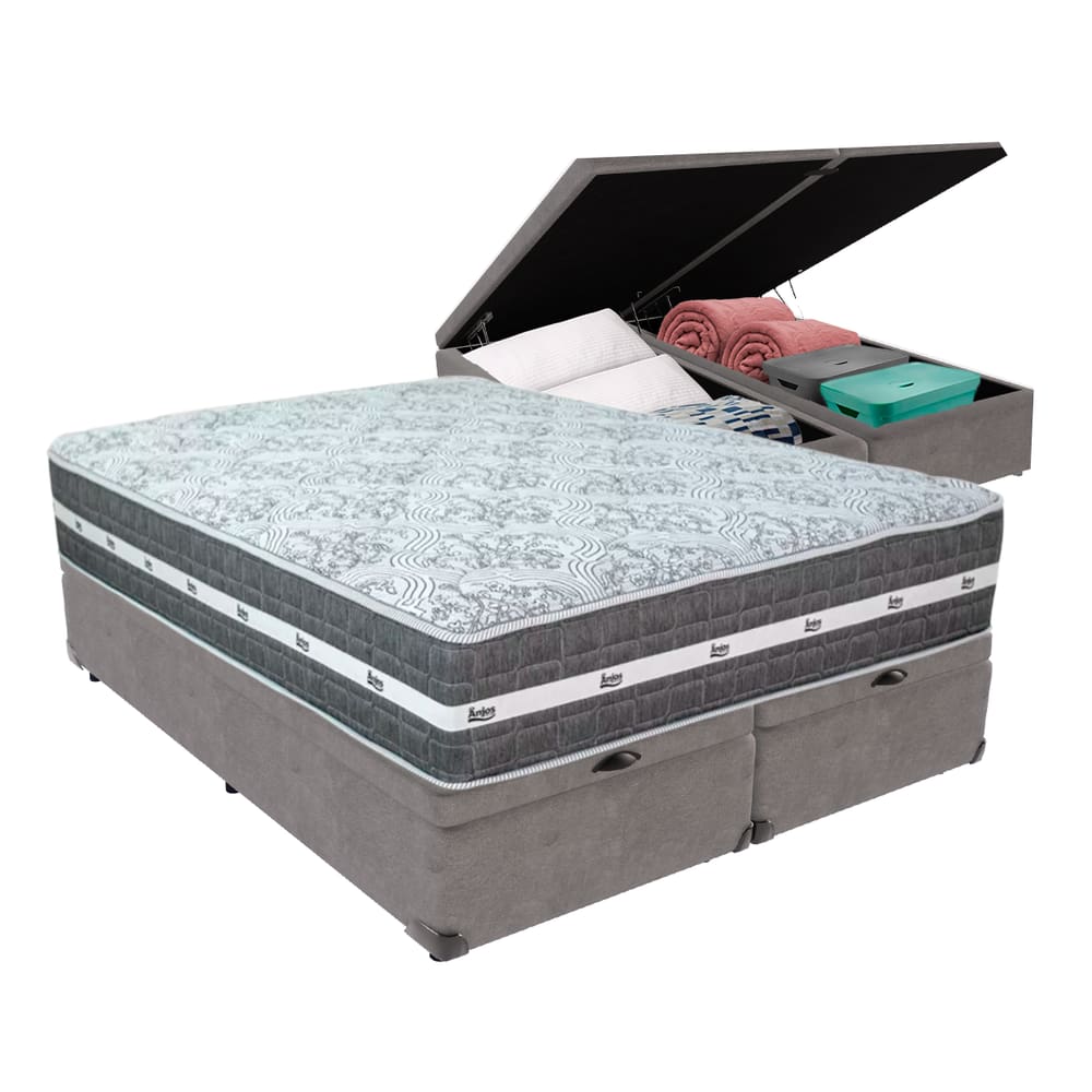 Cama Box com Baú Bege e Colchão Queen Black Grafit Anjos
