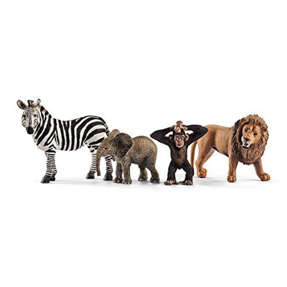 Estatuetas de vida selvagem, conjunto de brinquedos de 4 peças: leão, zebra, macaco, elefante