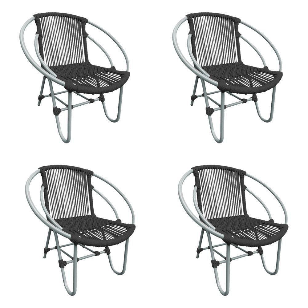 Kit 4 Cadeiras Decorativa Julia Em Corda Náutica E Base Em Alumínio Cinza-preta - Cor: Preto