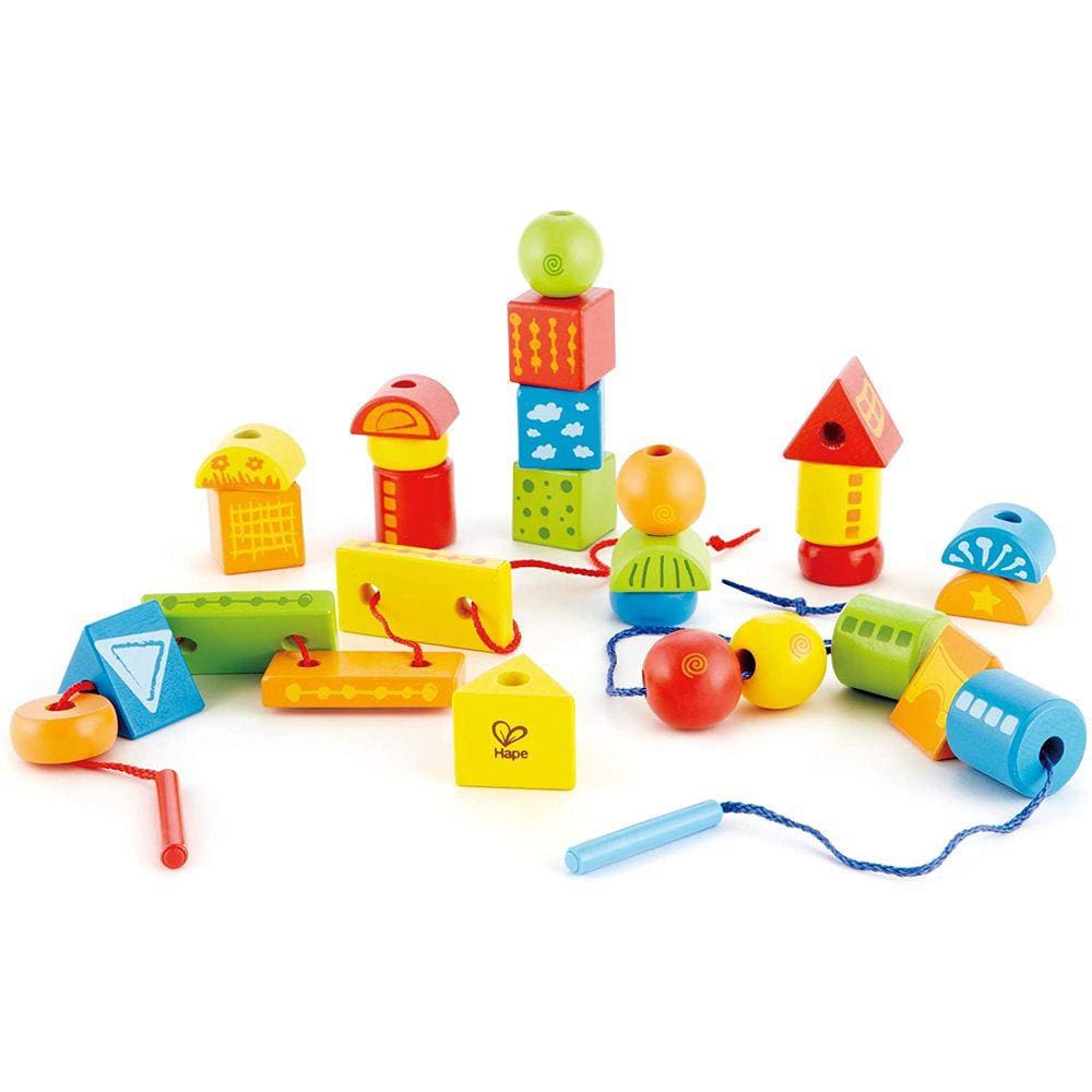 String-Along Shapes | Jogo de empilhar blocos de madeira, brinquedo para amarrar