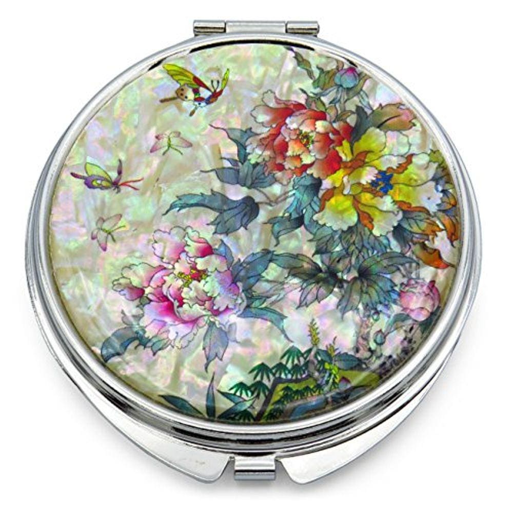 Espelho de maquiagem compacto, dobrável, flores de boleta, rosa, amarelo
