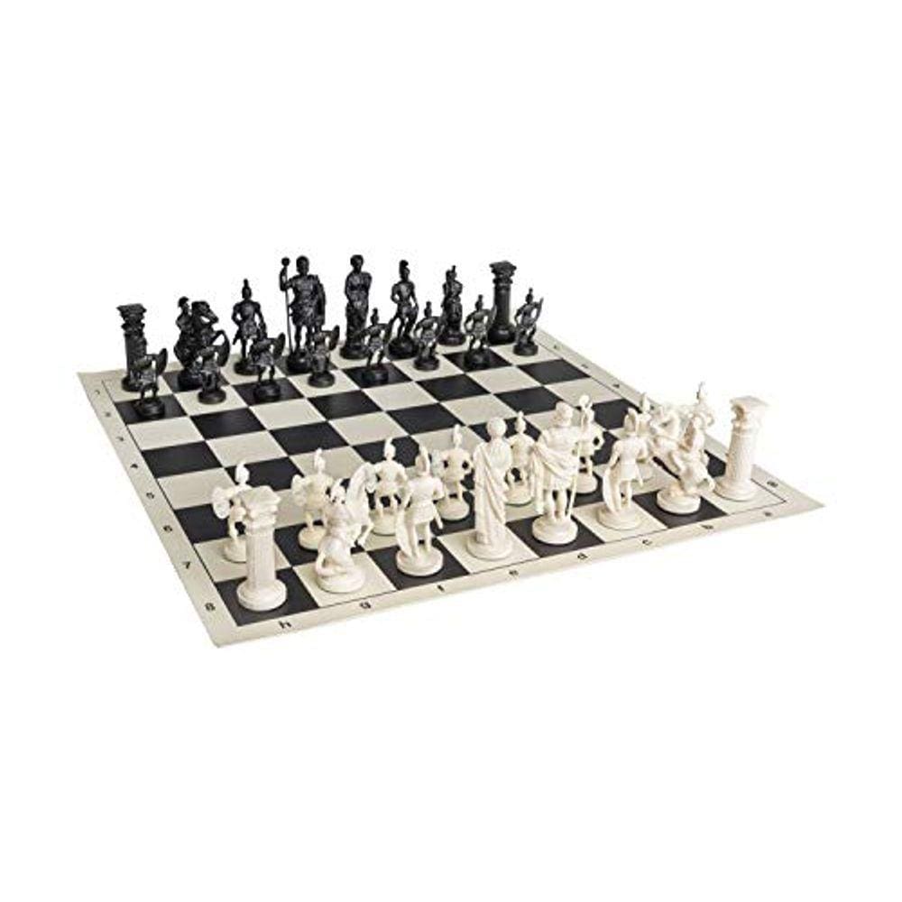 Conjunto de xadrez - tabuleiro de vinil preto/branco (44 cm) +peças de xadrez romano de 3,75”
