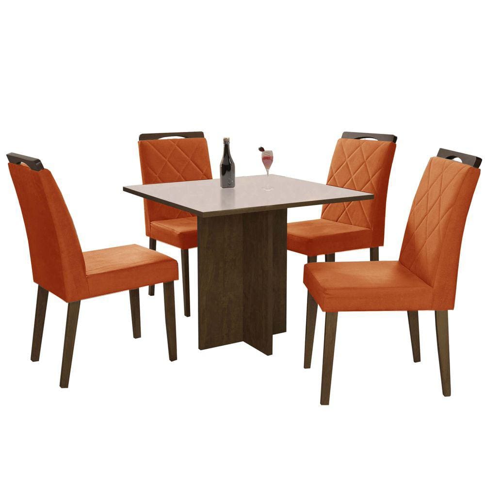 Mesa de Jantar Los Angeles 90x90cm com 4 Cadeiras Cor Canela Off White com Tecido Cobre