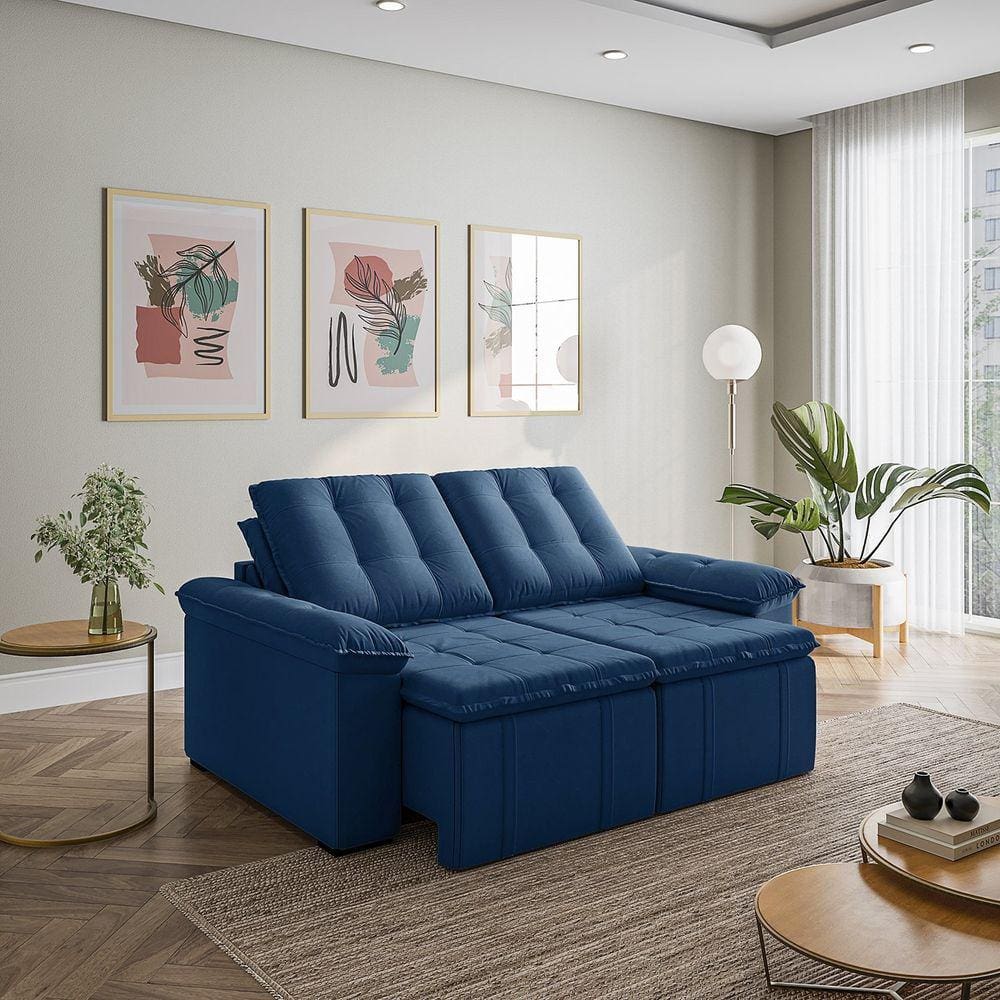 Sofá Palmeira Retrátil Reclinável sem Caixa 3 Lugares 180cm Veludo com Molas CabeCasa MadeiraMadeira Azul