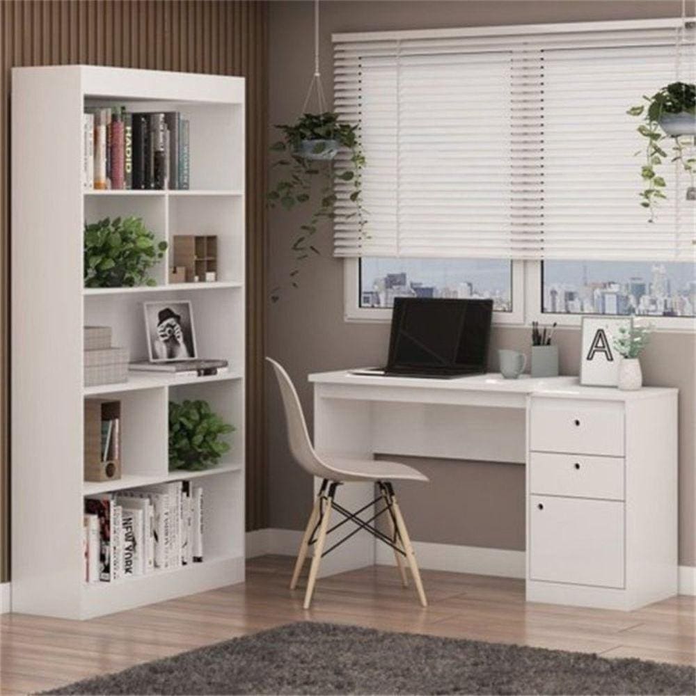 Conjunto Home Office 3 Peças Escrivaninha e Estante Guaili com Cadeira Base em Madeira Branco