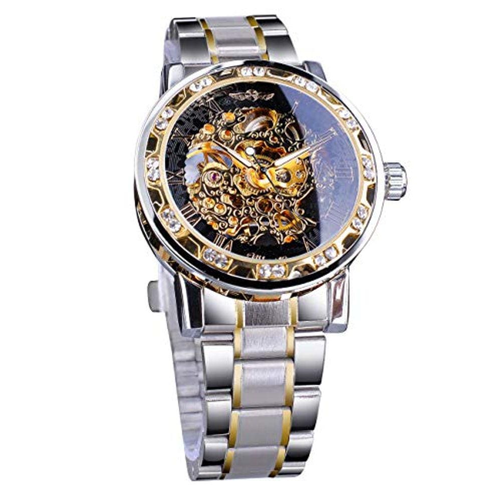 Relógio masculino Steampunk Skeleton Diamond Carving Relógio de pulso mecânico Relógio neutro