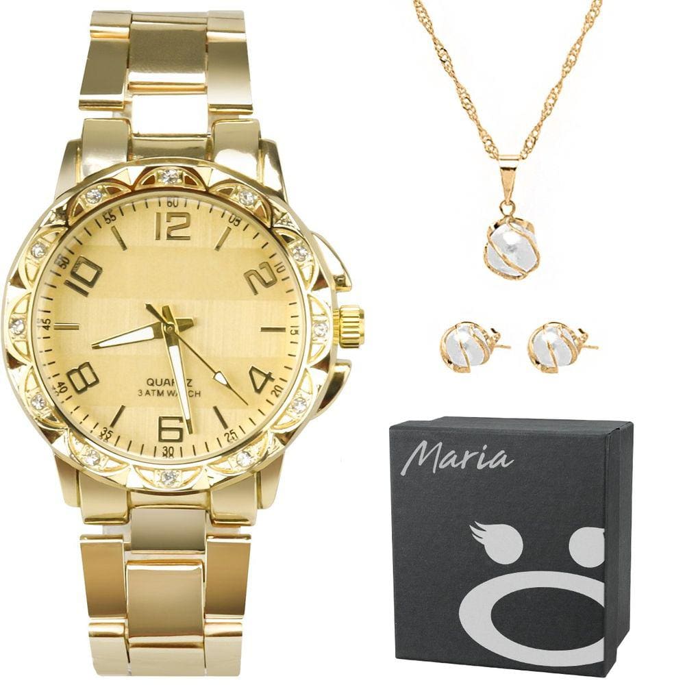 Kit relógio feminino aço inox dourado