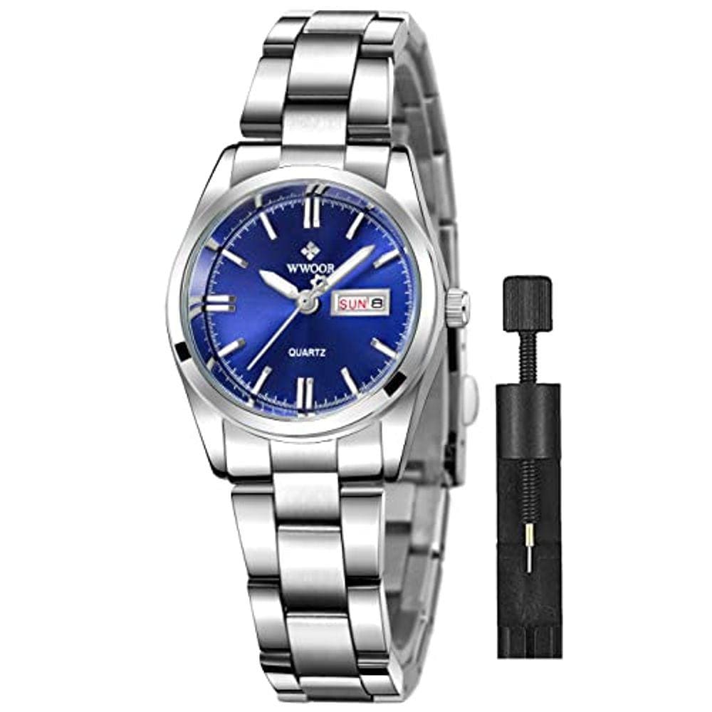 Relógio de vestido feminino com pulseira de aço inoxidável, azul