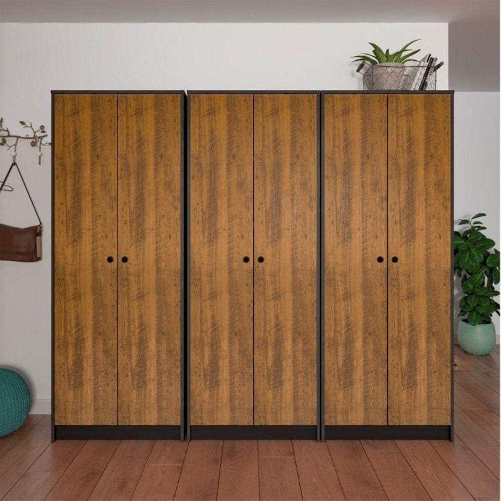 Kit 3 Armários para Escritório Alto com 2 Portas Match Pinho/Preto