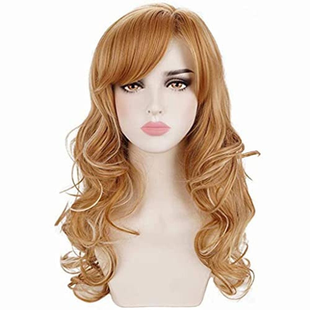 Peruca de cabelo ondulado comprido loiro morango com franja para mulheres, uso diário, cosplay