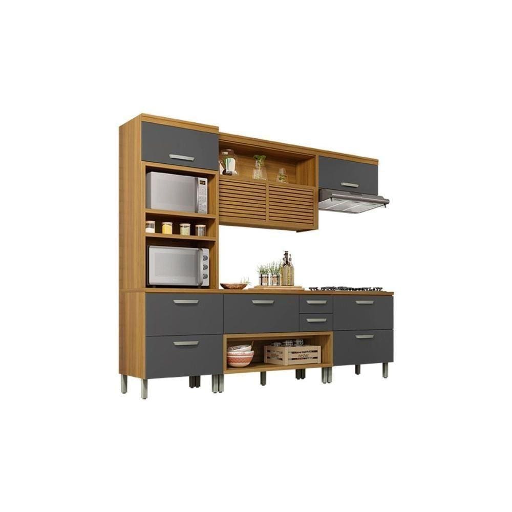 Cozinha Modulada Completa Princesa 4pçs (2 Balcões + Aéreo + Paneleiro) C4P15 Freijo/Grafite Nesher