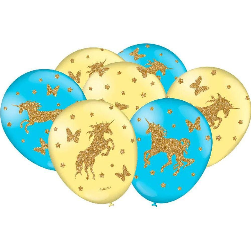 Balão Especial Amarelo e Azul Unicornio New - 9 Polegadas