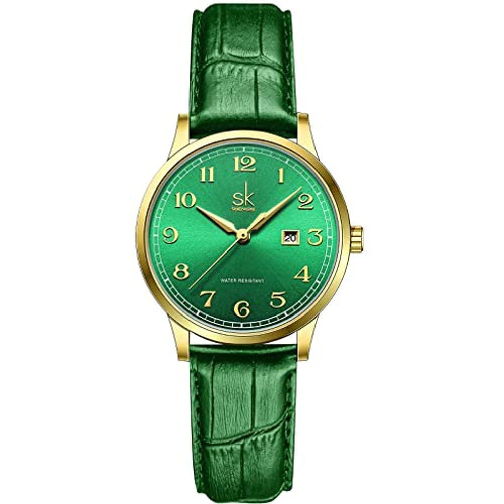 Relógio de calendário clássico feminino SK (verde-dourado)