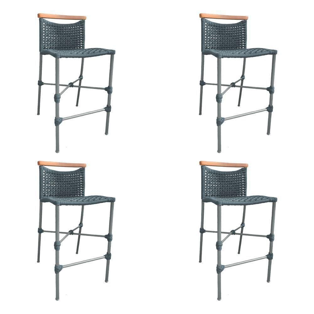 Kit 4 Banquetas Em Corda Náutica Base Em Alumínio Cinza Com Detalhe Em Madeira Cinza Cinza