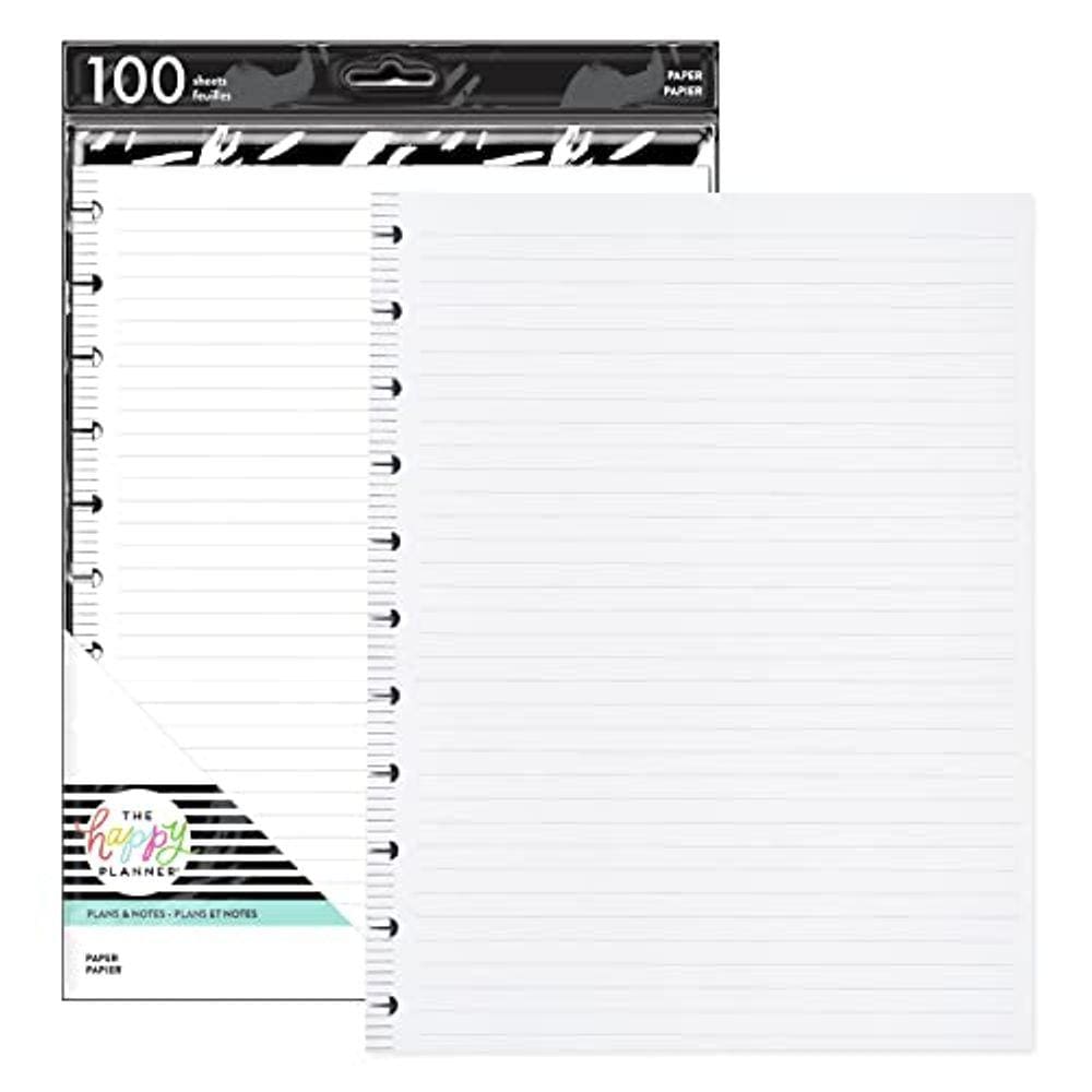 Papel de recarga Planner, 100 folhas, forrado, tamanho grande