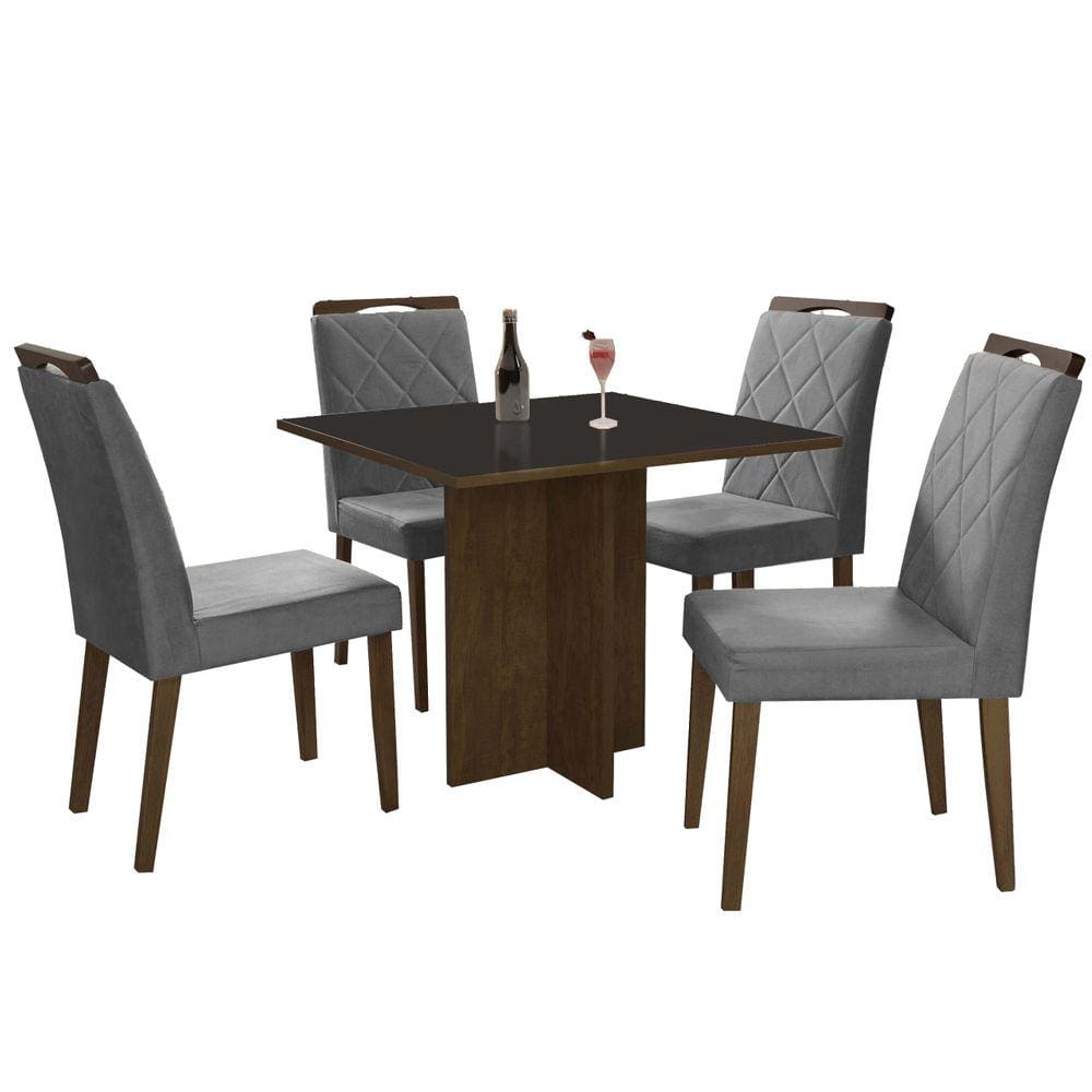 Mesa de Jantar Los Angeles 90x90cm com 4 Cadeiras Cor Canela Grafite com Tecido Cinza