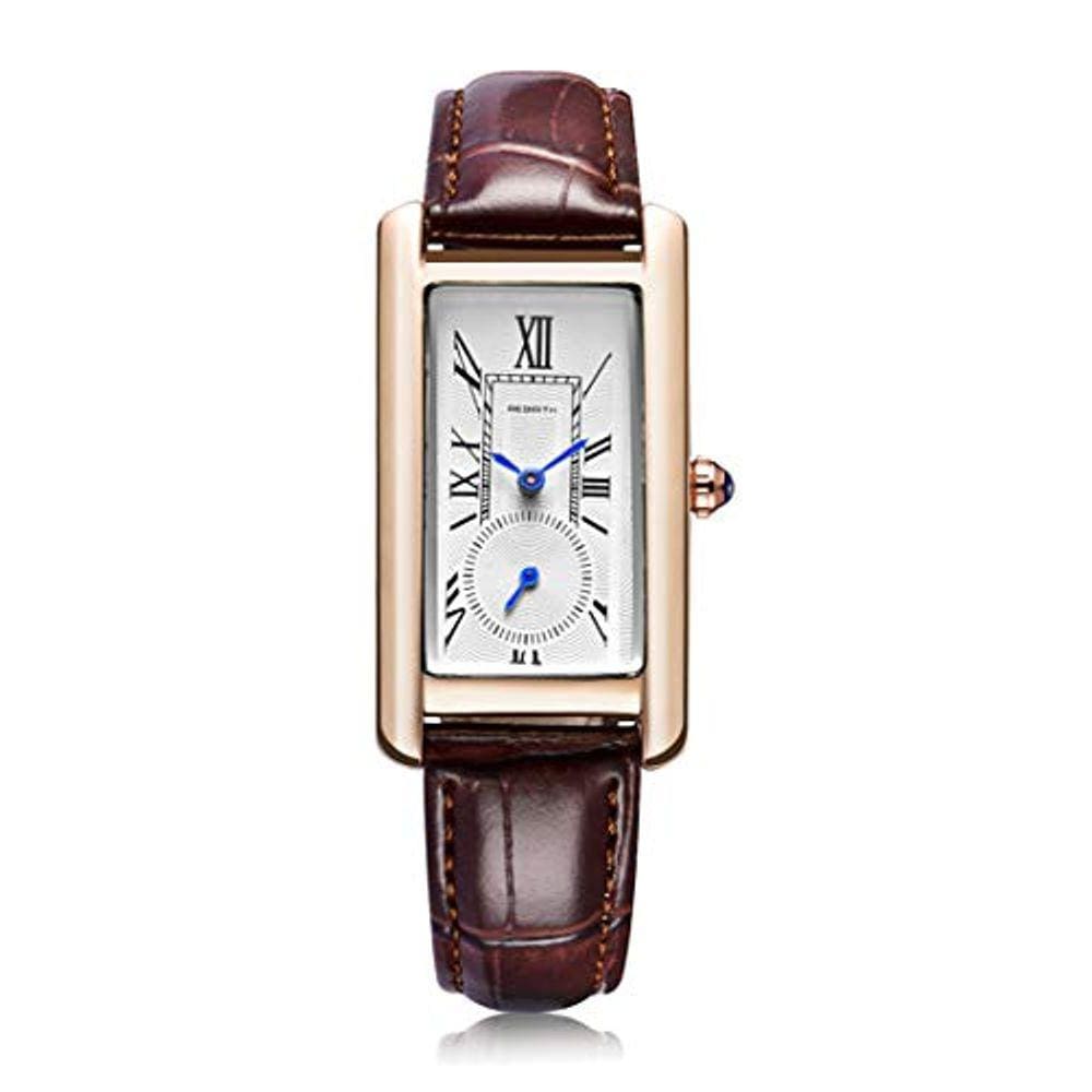 Relógio social de quartzo elegante, pulseira de couro, coroa de safira (rosa marrom)