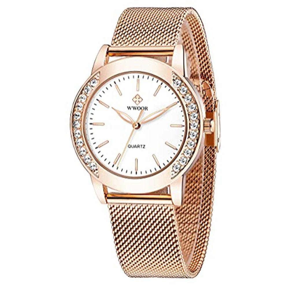 Relógio de pulso feminino de luxo com pulseira de malha de aço inoxidável