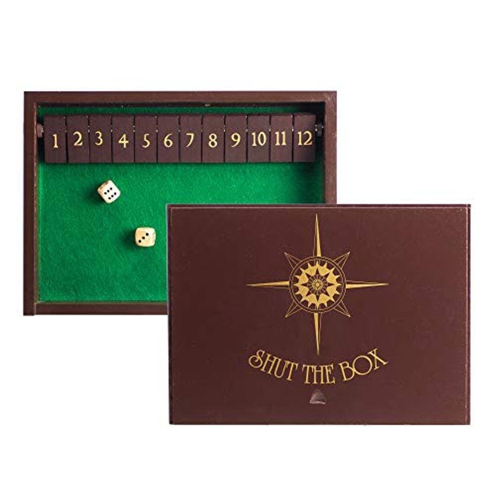 Jogo Wooden Shut The Box: 12 números com tampa e superfície rolante feltrada