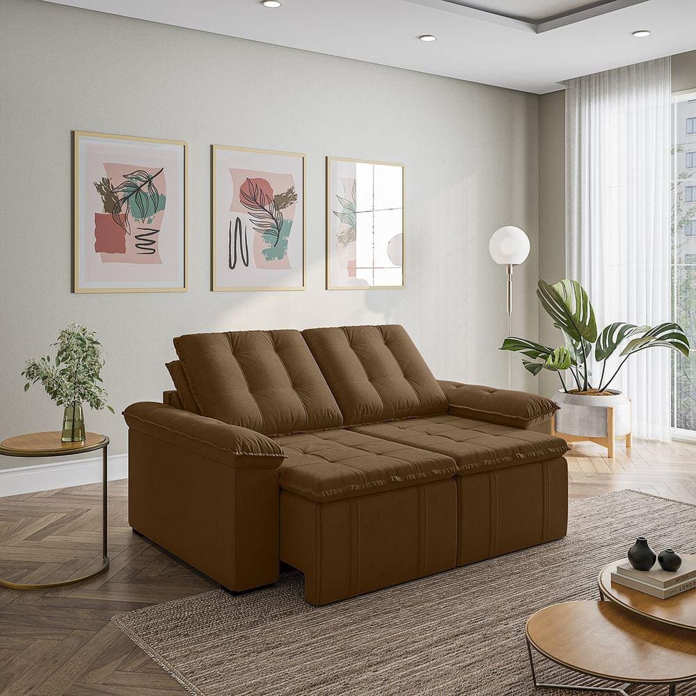 Sofá Palmeira Retrátil Reclinável sem Caixa 3 Lugares 180cm Veludo com Molas CabeCasa MadeiraMadeira Marrom