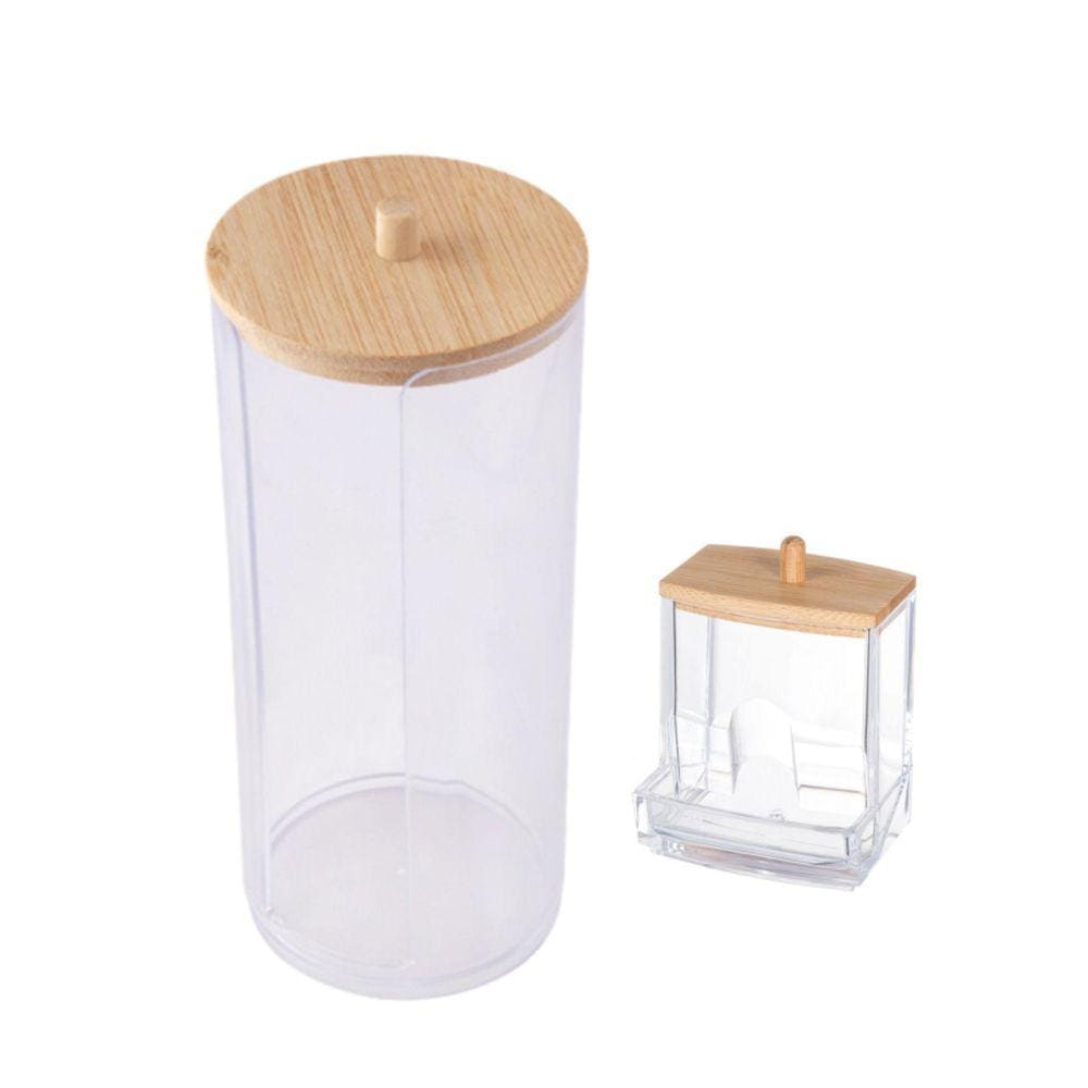 Organizador Disco Algodão e Cotonetes Acrílico Tampa Bambu