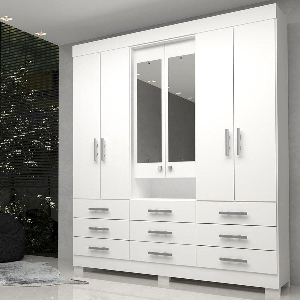 Guarda Roupa Casal 6 Portas 9 Gavetas Capelinha com Espelho 100% MDF Débora ACP Móveis Branco