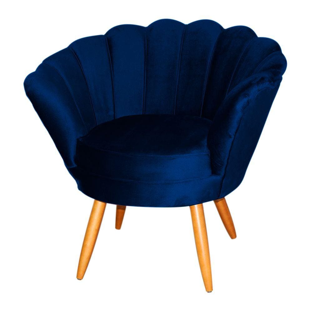 Poltrona Decorativa Pétala Veludo Azul Marinho Pés Madeira Ms Decor