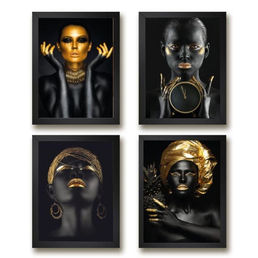 Kit 4 Quadros Mulheres Preto com Dourado 33x24cm - com Vidro